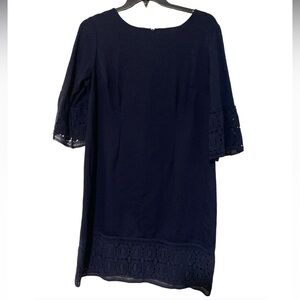 Talbots Embroidered Navy Blue 3/4 Flare Sleeve Formal Office Work Dress - 14WP